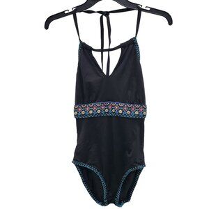 Apt. 9 Women's Black Boho Embroidered High Neck Halter One Piece Swimsuit Size M